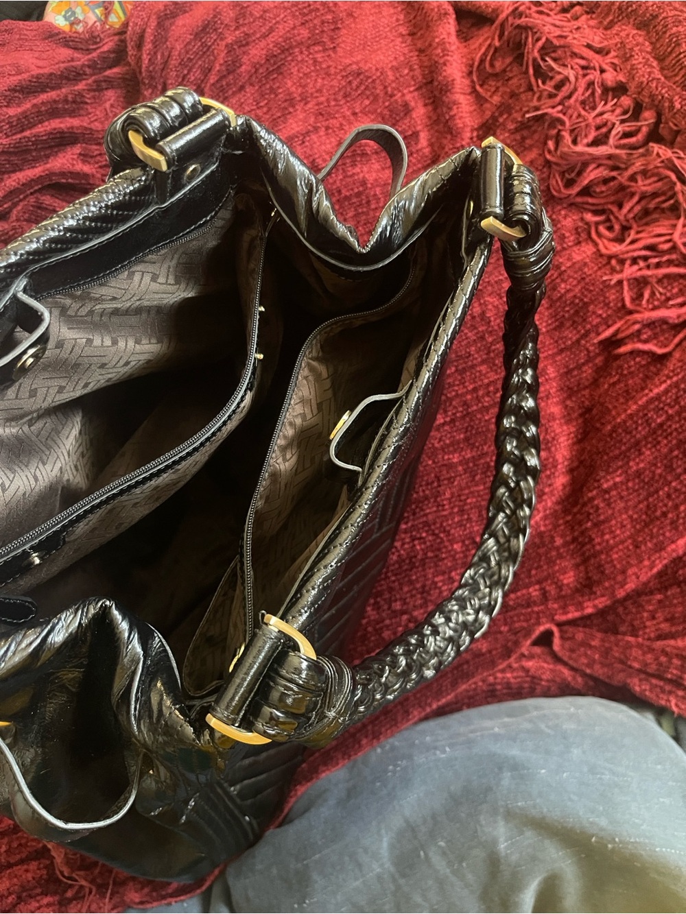Cole Haan Laury Black Patent Leather Quilted Chevron Tote Bag Hobo Purse - Picture 2 of 7